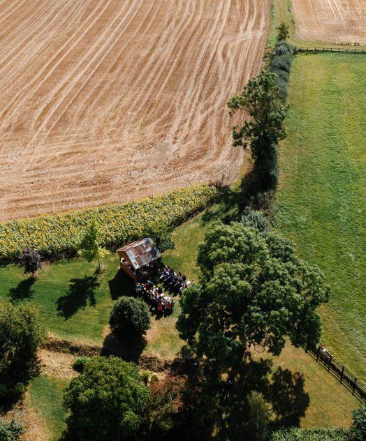 Aerial shot of The Shed and countryside